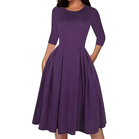 Sakaly Women's Casual Dresses Vintage Pockets Solid Blank Party Swing A Line Dress SK365 - Purple - X-Large Cover