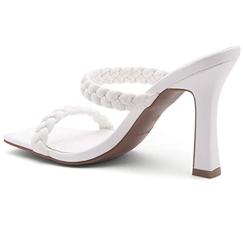 Shoe Land Sl-Miley Women's Square Open Toe Heeled Mules Double Braided Strap Slide Sandals White 9.0 #TOP2