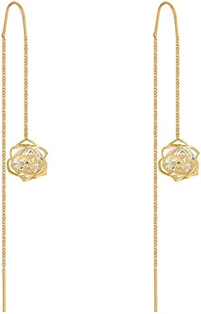 14K Gold Rose Flower Dangle Earring For Women Tassel Threading Long Chain Earrings For Women Drop Earrings For Bridesmaid