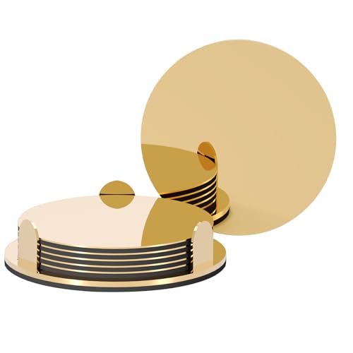 Anterrific Bases para copos de aço inoxidável dourado com suporte, conjunto de 6 bases de copos redondas exclusivas com base de EVA antiderrapante, decoração de inauguração de casa para bar de café e