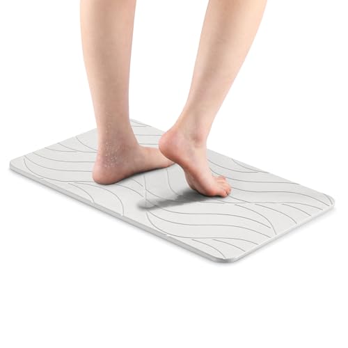 Navaris Alfombra de Baño Diatomita - Set Alfombrilla de Baño Tierra de Diatomeas con Base Antideslizante y Herramienta de Pulido - Color Marfil