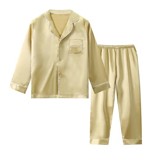 Teens Kid Satin 𝐏ajamas Set Boys Girls Button Down Silk Sl𝐞epwear 2 Piece Long Sleeve Loung𝐞wear 𝐏js Clothing Set
