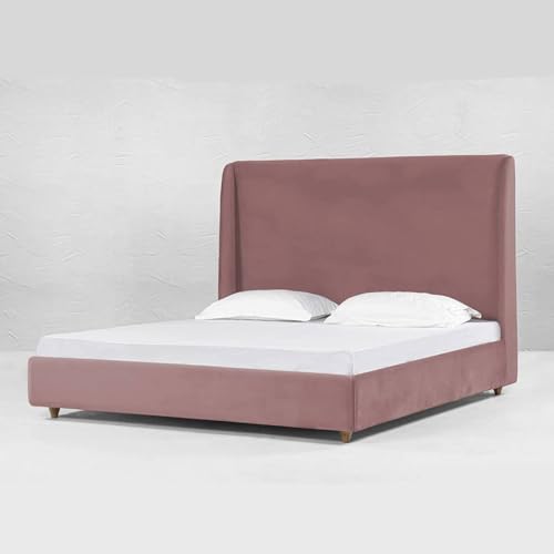 Image of Wooden Modern Upholstered King Size Bed for Bedroom | Wooden Double Bed Without Storage | Platform Cot Upholstered Bed with Upholstery Fabric | Engineered Wood | 6.5 x 6 Ft | Pink-A