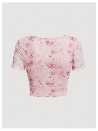 Verdusa Girl's Floral Mesh Sheer Crop Tops Y2k Tie Front Ruched Short Sleeve Tees2
