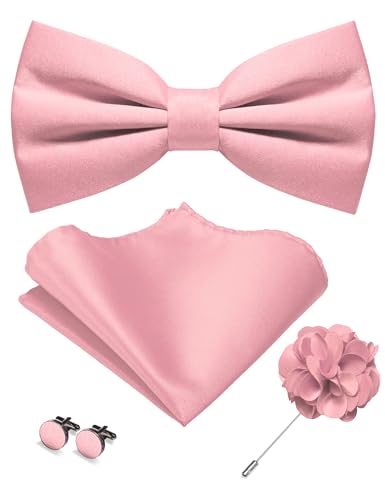 JEMYGINS Gravata-borboleta mate de cor sólida para homem com botões de punho de lenço de bolso e conjunto de flores na lapela, Rosa claro, M
