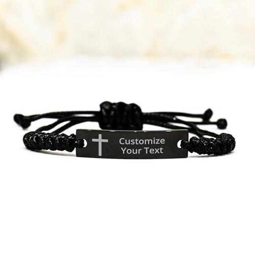 Personalized Christian Bible Verses Black Rope Bracelet Inspirational Scripture ID Cross Religious Quote Faith God Engraved Adjustable Customized Gifts for Men Women Kiss Him Husband Father Bois2