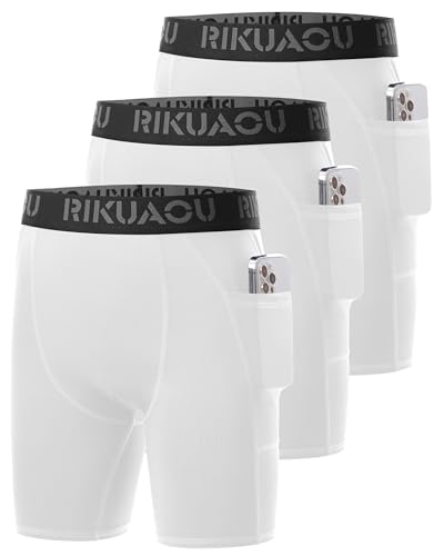 RIKUAOU Youth Boys Compression Shorts with Side Pockets, Kids Athletic Base Layers Running Underwear for Baseball Football