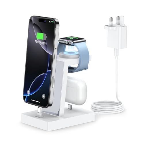 3 in 1 Charger Stand - ADADPU 3 in 1 Charging Station (30W Power Adapter Included) Max 27W Output, Apple Multi Charger for iphone 17 16 15 Series, iWatch, USB C Port Earbuds, Not for Samsung Watch