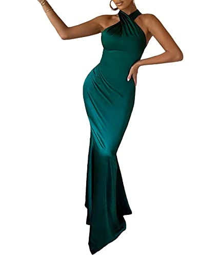 Image of xxxiticat Women's Satin Long Dress Sleeveless Halter Neck Backless Buckle Slip Cold Shoulder Mermaid Prom Party Maxi Dress