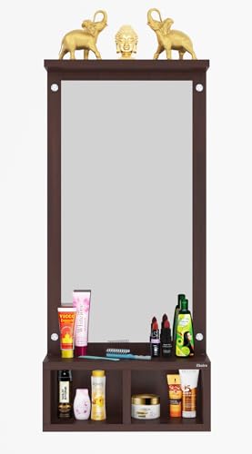 Image of Engineered Wood Wall Mounted Dressing Table with Mirror and Storage Shelves, Wenge Brown Finish, Engineered Wood, 82.5x37x14 cm I Rectangular Mirror Bedroom Living Room Stand