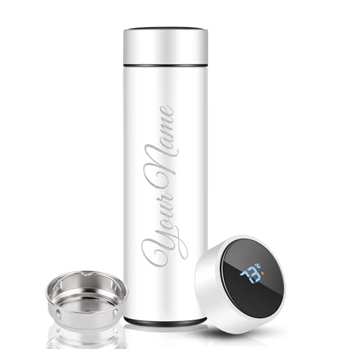Image of CORPORATE PORIUM Your Name Printed Stainless Steel Vacuum Insulated Bottle With Tea Filter | 500 ML | Easy to Carry | Leakproof Personalized Gift Flask | Permanent Printing (White)