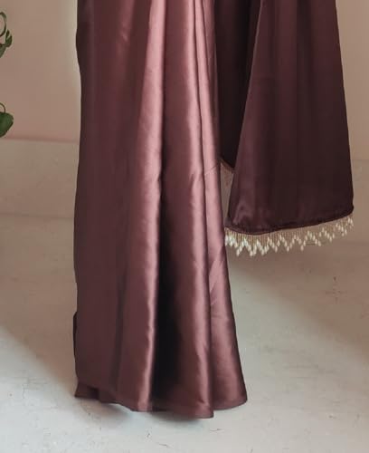 SHOPAZ Women's Ready to Wear Coffee Satin Silk 1 Minute Pre Pleated Indian Saree With Unstiched Blouse
