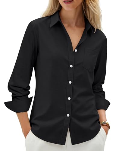siliteelon Button Up Shirt Women No Iron Women Oxford Shirt Classic Fitted Dress Business Shirts for Women Cotton Solid Button Blouse Long Sleeve Work Professional Black at Amazon Women's Clothing store