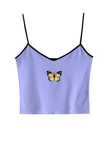 ZAFUL Women's Butterfly Spaghetti Strap Tank Tops Contrast Basic Cropped Sleeveless Camisole Purple