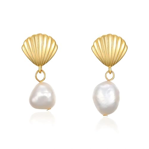 S925 Sterling Silver Seashell Pearl Drop Earrings for Women, Baroque Pearl Seashell Dangle Earrings, Cute Shell Earrings Studs, Shell Drop Earrings