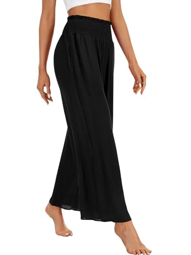 OPOIPIN Women's Smocked High Waisted Lounge Trousers Wide Leg Long Pants with Pockets4