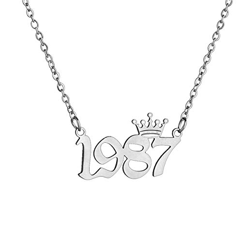 Birth Year Number with Crown Necklace,Old English, Memorable Anniversary Jewelry for Women Girls, Personalized Birthday Jewelry 18K Real Gold Stainless Steel Pendant