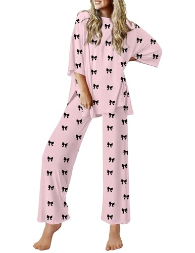 Image of Ekouaer Lounge Sets for Women Short Sleeve Tops and Long Pants Soft Comfy Pajamas Set 2 Piece Outfits