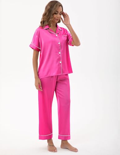 Image of UMBY Silk Satin Pajamas for Women Set 2 Piece button down Soft Silk Pjs Sets Cozy Silky Pajama Short Sleeve