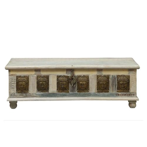 Image of Jaio Wooden Trunk Box for Storage | Solid Wood Coffee Table for Living Room | Handcrafted Center Tea Table with Sandook Storage for Living Room | Pitara for Home & Bedroom (White Reclaimed)