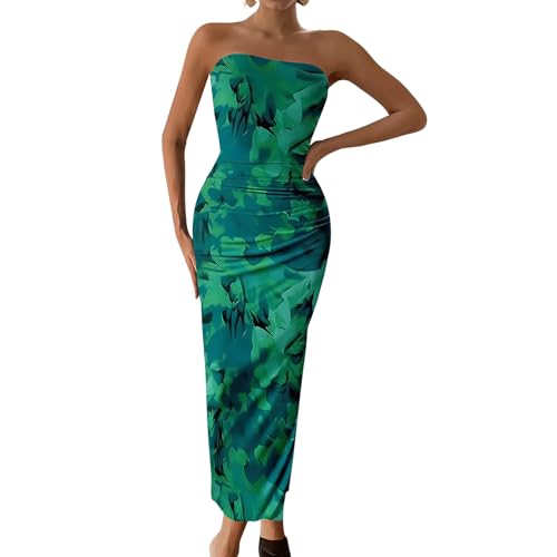 Image of Women's Tube Top Maxi Dresses Printed Tie Dye Strapless Bodycon Long Dress Split Side Sleeveless Party Elegant Outfits