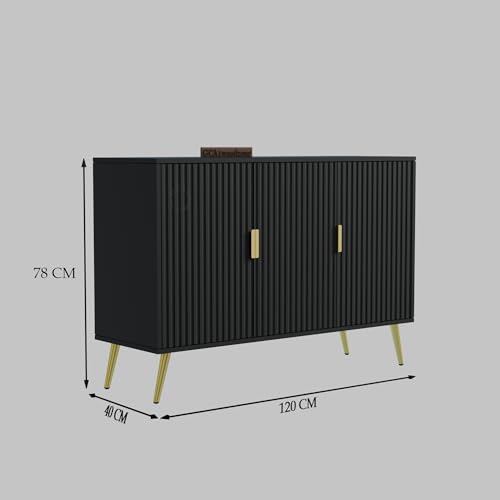 Image of Wooden Sideboard Cabinet 3 Door for Living Room | Crockery Cabinet for Dining Room | Storage Cabinet with Doors | Wooden Console Cupboard Home | HDMR Wood with Metal Legs | Black & Gold