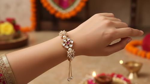 Image of Elegant Traditional Gold Plated /Rakhi Combo Of 1 Piece for Men and Women /brother /sister /bhabhi Kundan Stone combo set (Same as Shown In Image)