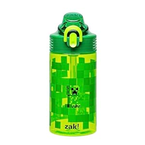 Zak Designs Sage Minecraft Kids Water Bottle For School or Travel, 16oz Durable Plastic Water Bottle With Straw, Handle, and Leak-Proof, Pop-Up Spout Cover (Creeper)