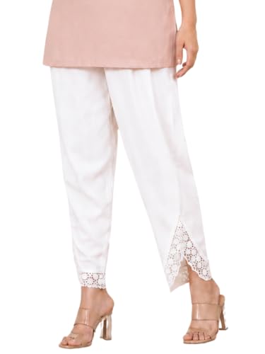 Image of Leriya Fashion Trousers for Women | Cotton Ethnic Palazzo Pants with Lace Embroidery | Elastic Waist Wide Leg Casual Women Trousers | Comfortable Summer Woman Trouser Pants