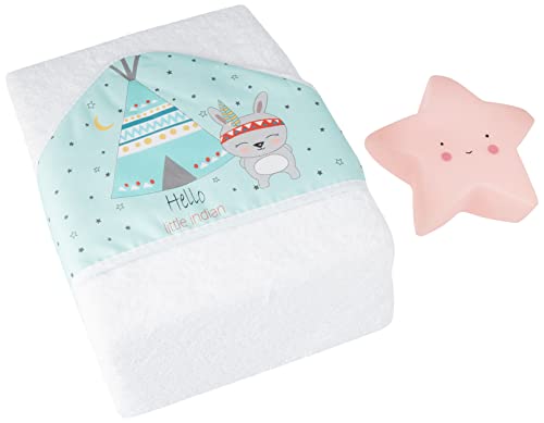 Interbaby - Capa de Baño Bebe Blanco/Verde + Lámpara Estrella Bebe | Toalla Bebe con Capucha 100% Algodón, 100x100cm, Unisex | Ideal Recién Nacidos, Bebes y Niños Pequeños | Diseño Tipi Oso