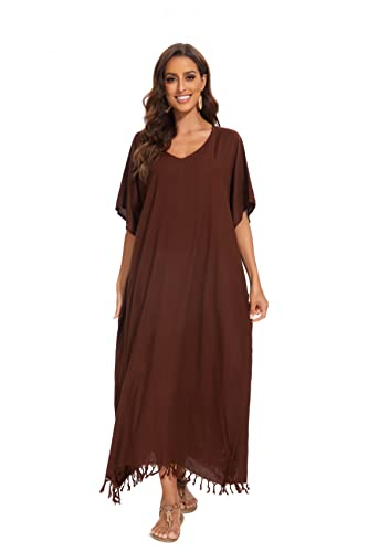 Beautybatik Brown Women Solid Caftan Kaftan Loungewear Maxi Plus Size Long Loose Dress 3X #TOP1