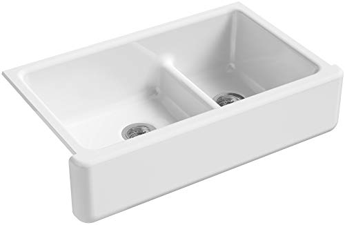 KOHLER Whitehaven 35-11/16 In. x 21-9/16 In. Self-Trimming Smart Divide Undermount Large/Medium Double-Bowl Kitchen Sink with Tall Apron, White