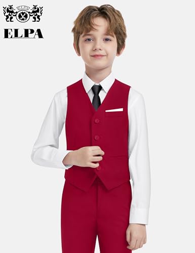 Image of Boys Red Suit 5 Pieces Slim Fit Kids Formal Tuxedo Suit Set for Wedding Ring Bearer, Easter, First Communion, Confirmation, Graduation Little Boys Size 7