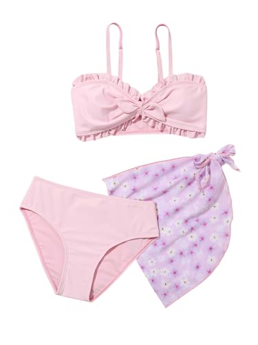 Milumia Girl's Swimsuit 3 Piece Floral Print Bikini Set with Coverup Skirt Beachwear