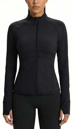 Waitfairy Zip Up Jackets for Women Yoga Gym Top Running Workout Jackets for Woman Track Jacket Women with Thumb Holes Black S