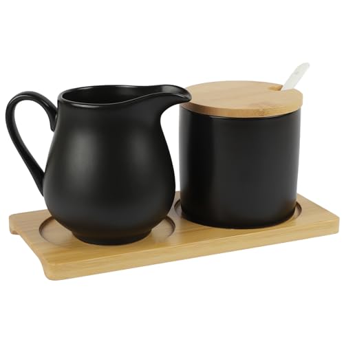 QZYIPI Service Sucre et Lait avec Couvercle et cuillère – Sucrier et Pot à Lait en céramique avec Plateau en Bois, sucrier avec Couvercle, Set café Sucre...
