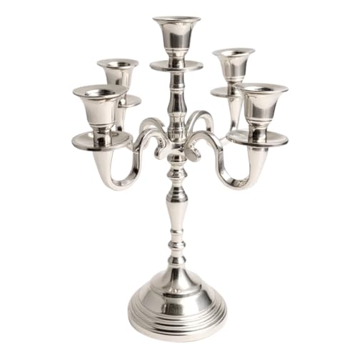 Image of Decorative Aluminum Vintage 5-Arm German Silver Candelabra Candle Holder - Elegant Metal Table Centerpiece for Home, Wedding, Party & Dining Room Decor
