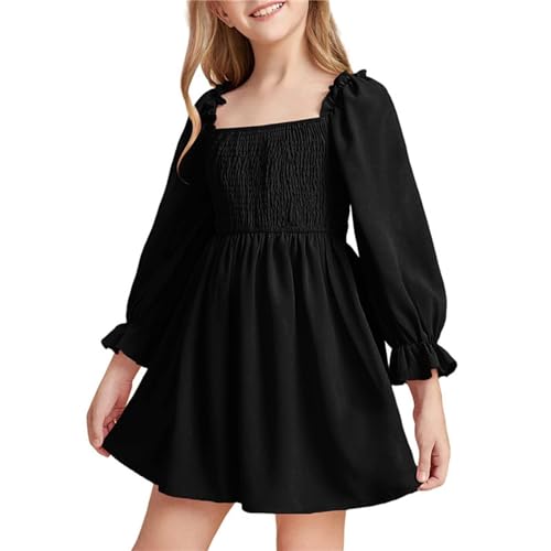 Vestido de cintura alta con volantes de manga larga para niñas, Negro , 18-24 meses