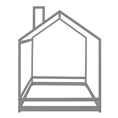 Full Size Wood House Bed, Wooden Bedframe With Roof For Kids, Teens, Boys Or Girls, Gray #TOP5