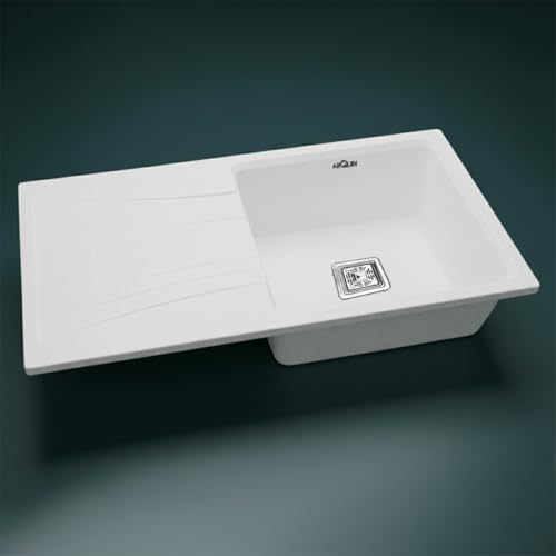 Image of ARQUIN Quartz Kitchen Sink with Drainboard 36x18x9 Inch White Granite Sink with Coupling, Waste Pipe & Strainer Basket UV Protected, Undermount /Topmount Noise Reducing