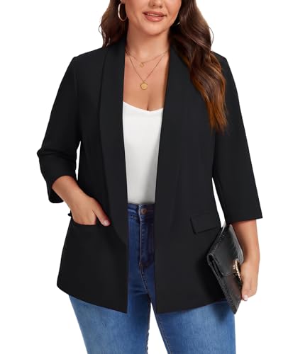 Plus Size Blazers 3/4 Sleeve Casual Blazers Open Front Jackets ,Black XXL