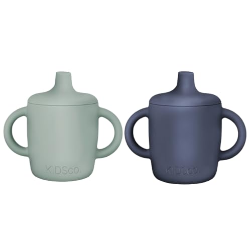 Image of KIDSco. Silicone Sippy Cups (2 Pack) – Soft Spout & Easy Grip Handles for Babies 6+ months, Plastic Free, Toxic Free Silicone, Leak-Resistant, Dishwasher Safe (Green and Midnight Blue)