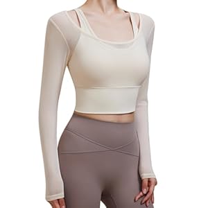 Harssidanzar Women’s Yoga Long Sleeve 2 in 1 Mesh Gym Athletic Tops Workout Shirts with Medium Support Sports Bra CL301UK