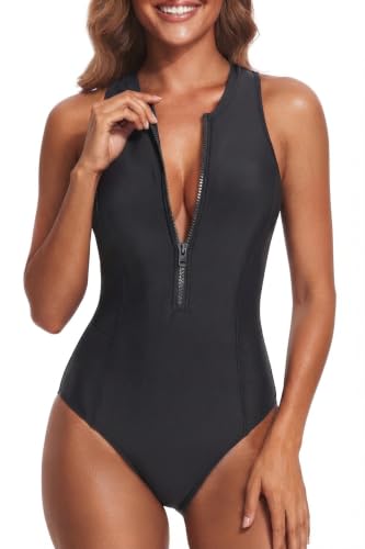 Best Bathing Suits for Broad Shoulders: 7 Stylish Picks for Women Over 50 10 Tempt Me Women Black One Piece Swimsuit Athletic Zipper High Neck Bathing Suit Racerback Swimwear M