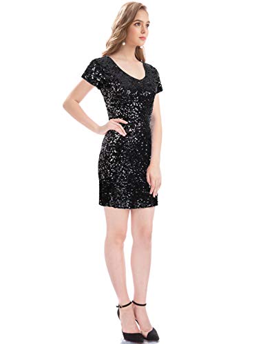 Image of MANER Women's Sequin Glitter Short Sleeve Dress Sexy V Neck Mini Party Club Bodycon Dresses