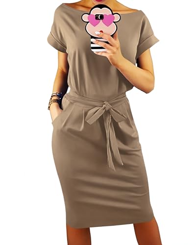 Image of PRETTYGARDEN Women's Summer Short Sleeve Crewneck Striped Dress Basic Solid Tie Waist Office T Shirt Dresses Pockets