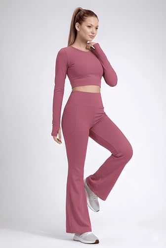 Image of Women's 2 Piece Yoga Set - Long Sleeve Crop Top Non Padded & High Waisted Bell Bottom Leggings with Pockets | Thumb Hole Sleeve Stretchy Workout Outfit for Gym, Running Wear Sportswear