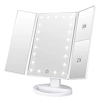 WEILY Makeup Mirror with 21 LED Lights,Two Power Supply Modes, Adjustable Touch Screen and 1x/2x/3x Magnification Tri-Fold Vanity Mirror,Chargeable Travel Cosmetic Mirror for Desktop(White)