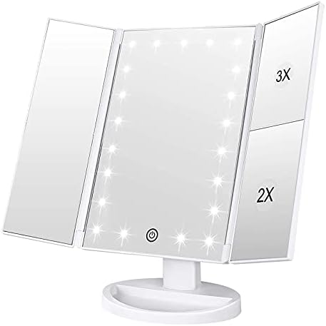 WEILY Makeup Mirror with 21 LED Lights,Two Power Supply, Touch Screen and 1x/2x/3x Magnification Tri-Fold Vanity Mirror , Gift for Women(White)