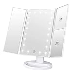WEILY Makeup Mirror with 21 LED Lights,Two Power Supply Modes, Adjustable Touch Screen and 1x/2x/3x Magnification Tri-Fold Vanity Mirror,Chargeable Travel Cosmetic Mirror for Desktop(White)